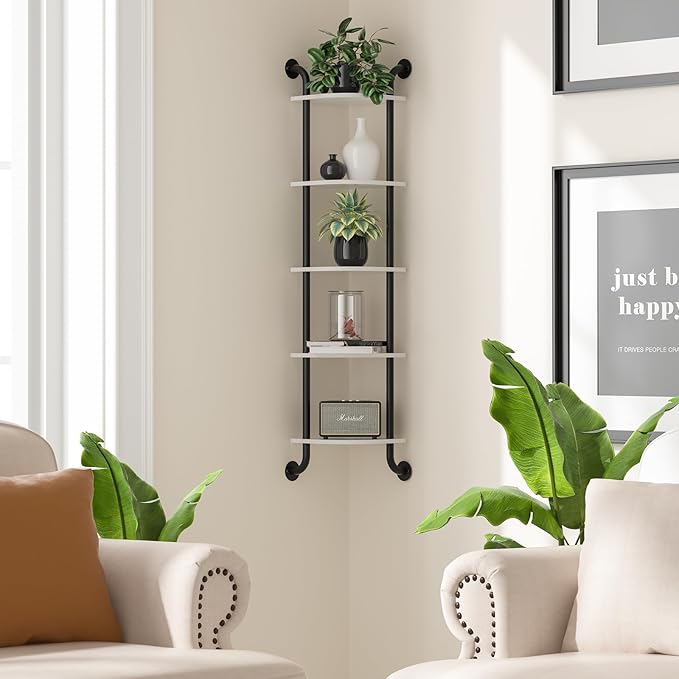 Tinpin Corner Shelf 5-Tier Wall Shelves, Floating Corner Shelves, Wall Mounted Shelves for Thanksgiving Day Bedroom Decor, Bathroom and Living Room Decor (White)