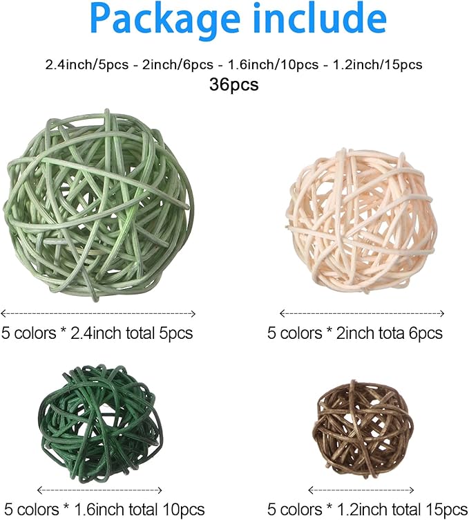 Patelai 36 Pcs Wicker Rattan Balls Decorative Balls for Vase Centerpiece Bowls Orbs Filler for Home Decor,4 Sizes(Vivid Color,2.4'',2'',1.6'',1.2'')