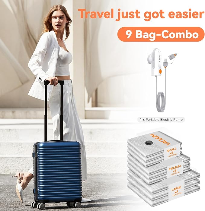 Travel Vacuum Bags with USB and TYPE C Pump Pump,9 Pack Vacuum Storage Bags,vacuum for bags storage, Powerful -58KPa Suction for Luggage,Travel and Home Use for Clothes and Blankets（Grey）