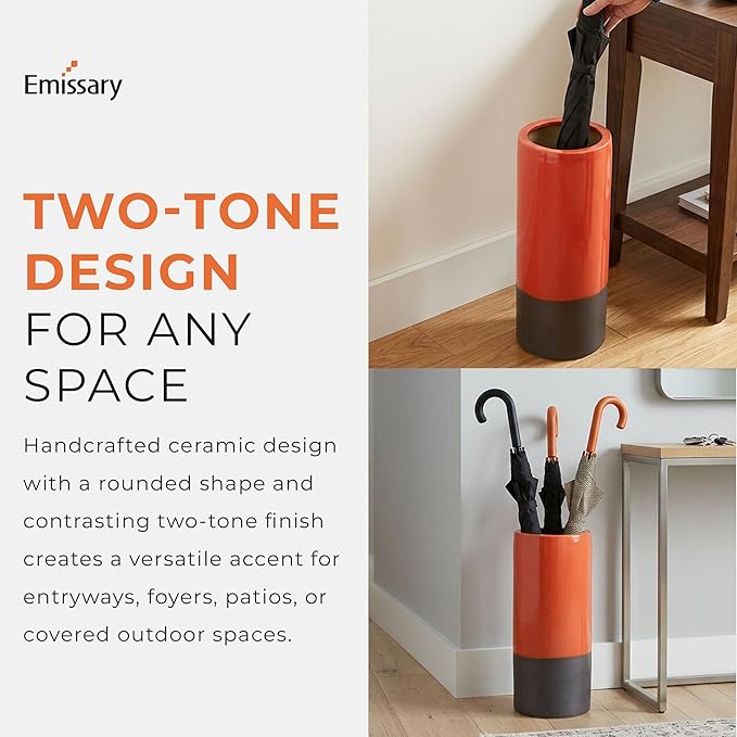 Emissary Home and Garden Two-Tone 19.5 in. H Round Ceramic Umbrella Stand in Bright Orange with High-fire Treatment