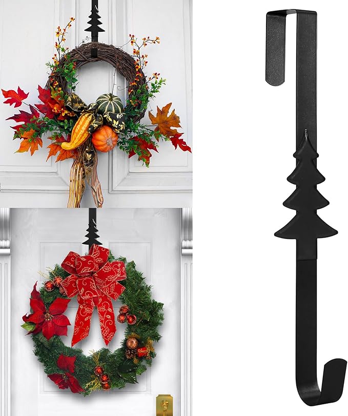 Wreath Hangers for Front Door,15" Sturdy Metal Wreath Doors Hangers,Over The Door Hooks for Front Porch Decor,Garland Hooks Holders for Halloween Christmas Decorations (Black Christmas Tree, 2 Pack)