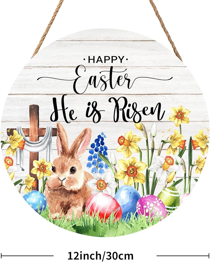 Harooni Easter Hanging Sign 12x12 Inch He is Risen Wooden Door Sign