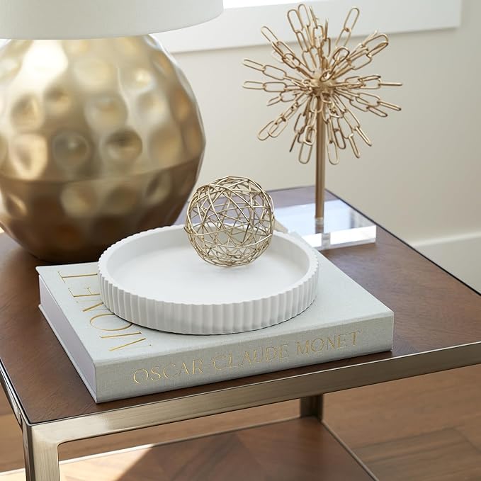 Decorative Concrete Tray & Book Decor Set - Scalloped Tray & Linen Box Enhance Your Coffee Table or Bookshelf Decor - Stylish Home Decoration for Your Living or Dining Room & as a Housewarming Gift
