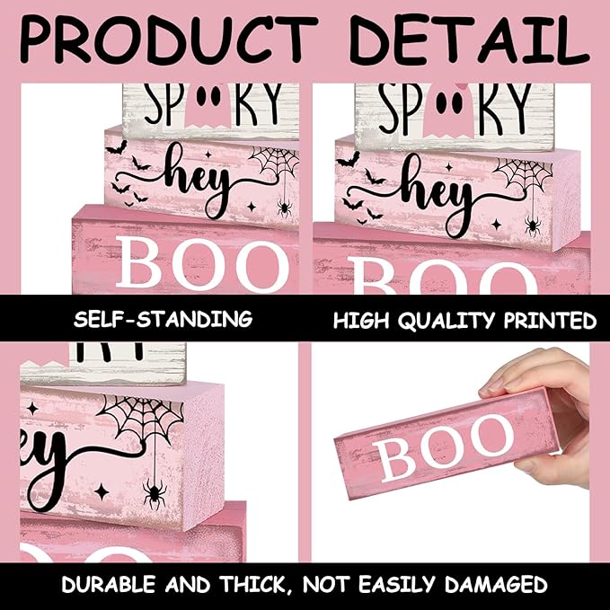 Lineshading 4 Pcs Pink Halloween Decor Ghost Table Decorations Halloween Tiered Tray Decor Farmhouse Ghost Tabletop Centerpiece Rustic Pink Block Sign Gift for Home Kitchen Shelf Office Mantel