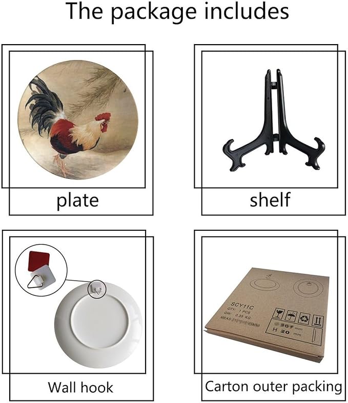 Rooster Decorative Plate Holder, 8 Inch, Rooster In The Reeds Round Display Plate, Hanging Decorative Plate with Display Stand, for Display Living Room Kitchen Closet Table Decor