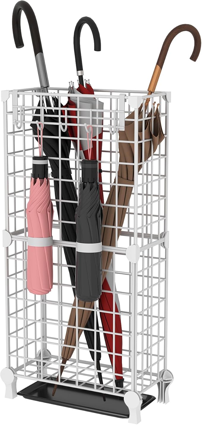 AWTATOS Umbrella Holder Entryway, Umbrella Stand Freestanding, Metal Square Umbrella Rack Organizer with a Removable Drip Tray, Hooks, White