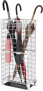 AWTATOS Umbrella Holder Entryway, Umbrella Stand Freestanding, Metal Square Umbrella Rack Organizer with a Removable Drip Tray, Hooks, White