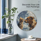 Wall Picture, with Dog and Cat Face to Face Printed Circular Iron Hanging Picture,Wall Art Decor,Home for Bedroom Living Room Bathroom Decor,Iron Painting 11.8X11.8 in