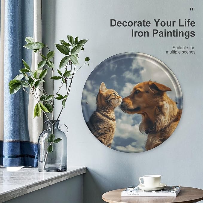 Wall Picture, with Dog and Cat Face to Face Printed Circular Iron Hanging Picture,Wall Art Decor,Home for Bedroom Living Room Bathroom Decor,Iron Painting 11.8X11.8 in