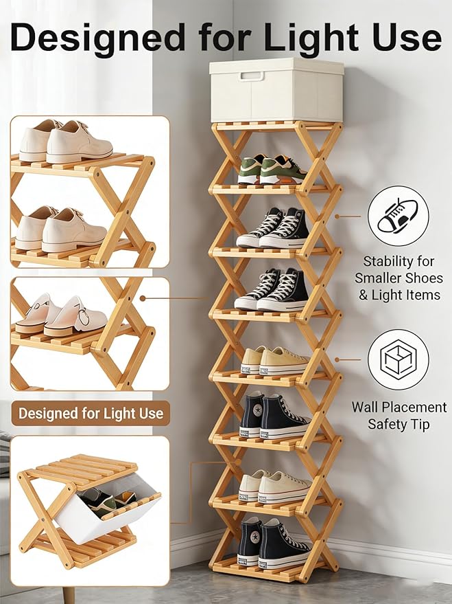 The 9-Tier No-Assembly Bamboo Rack, New Upgrade 9 Tier Bamboo Shoe Rack, Space-Saving Tall Narrow Accordion Shoe Rack for Entryway Closet Dorm (Brown-9)