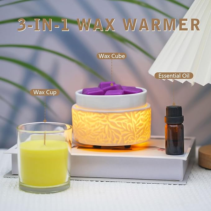 Electric Wax Melt Warmer with Warm Light, 3-in-1 Ceramic Candle Warmer Large Dish Scented Wax Melter Essential Oil Burner for Home Aromatherapy, White