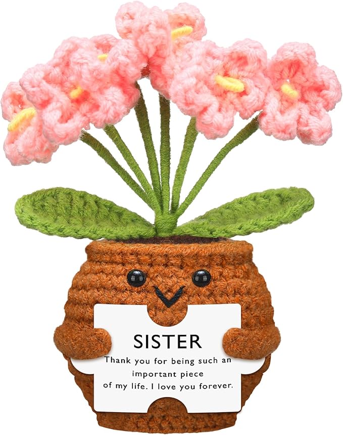 Wavwavw Sister Gifts Handmade Crochet Doll with Card Crochet Present for Sisters Sis Big Little Sister Birthday Wedding Home Decor(Myosotis)