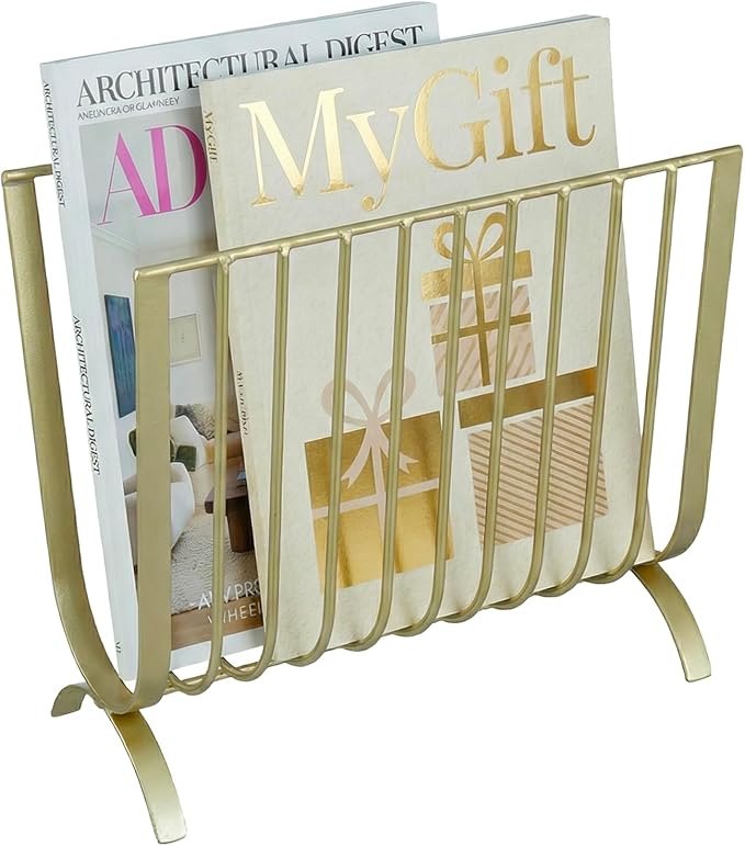 MyGift Brass Metal Mid-Century Wire Magazine Rack – Deluxe Tabletop or Floor Standing Sling Basket for Magazines and Newspapers