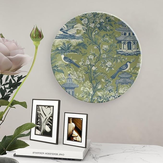 Asian Green Chinoiserie Plates Ceramic of 6", 7", 9", 10", Customize Pagoda Garden Imperial Ceramic Salad Plates, Household Wedding Decorations Festival, 1 Plate with 1 Display Stand