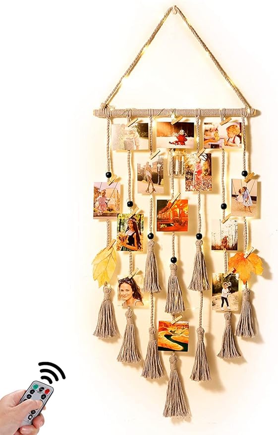 Homecor Hanging Photo Display Wall Decor, Gray Macrame Wall Hanging Boho Room Decor, Picture Frame Collage Board with Remote Light 30 Clips, Bedroom Home Decor, Christmas Mom Grandma Teen Girl Gifts