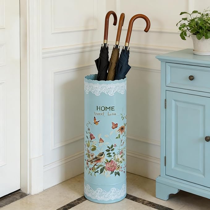 Vintage Metal Umbrella Holder Rustic Round Umbrella Stand Entryway Decorative Organizer Bucket for Home/Office/Farmhouse - Holds Multiple Umbrellas Canes & Walking Sticks (Blue)