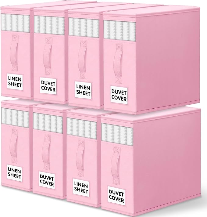 WOWBOX Sheet Organizers and Storage,Closet Bed Sheet Organizer Under Bed Storage and Organization with Label Cards & Clear Window for Bedding Sheets,Duvet Covers,Blankets (8 Pack，Pink)