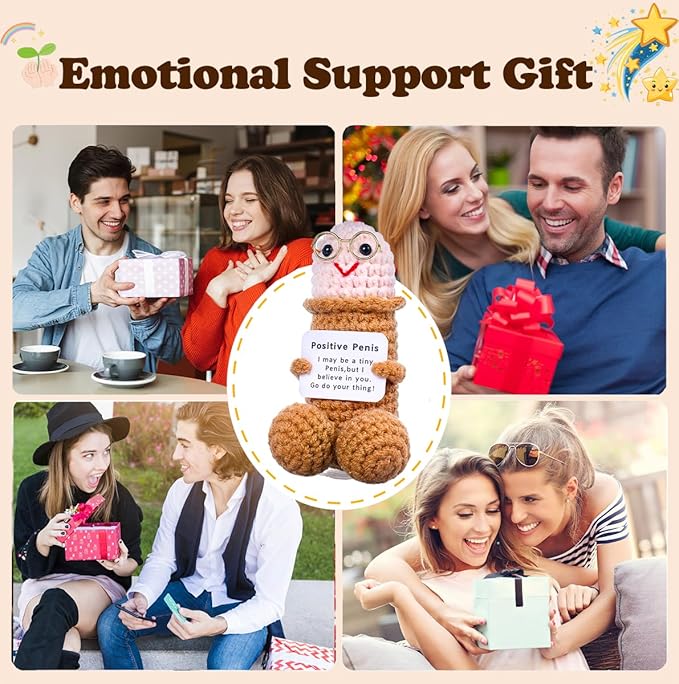 Handmade Crochet Emotional Support Plush with Inspirational Card, Funny Gifts for Friends, Family, and Coworkers, Office and Home Decoration(Brown P-2Pcs)