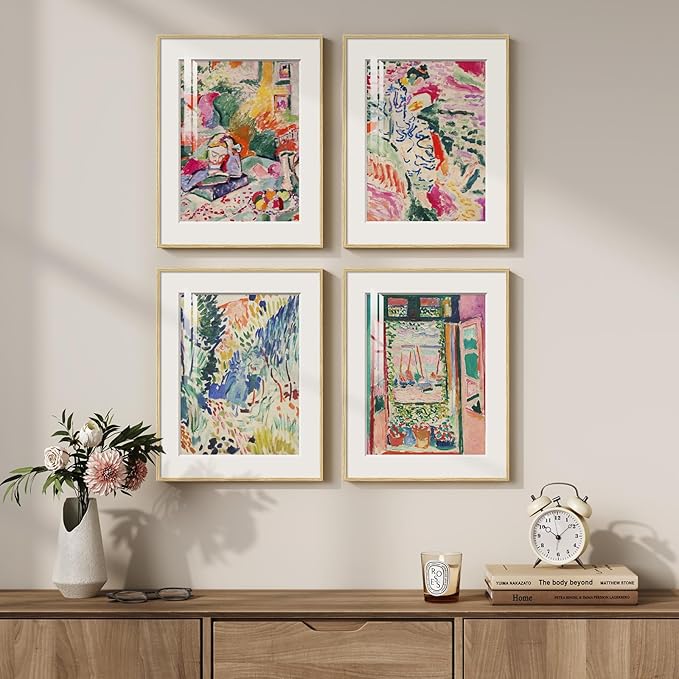 Framed Matisse Wall Art Set of 4, Colorful Abstract Landscape Wall Painting Prints, Vintage Retro Aesthetic Wall Decor for Bathroom Bedroom Hallway Office 11x14 Inch