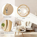Wall Mounted Mirror, Wooden Round Framed Mirror Large Irregular Wavy Hanging Decorative Mirrors for Living Room Bedroom and Entryway Home 20 Inch Decor