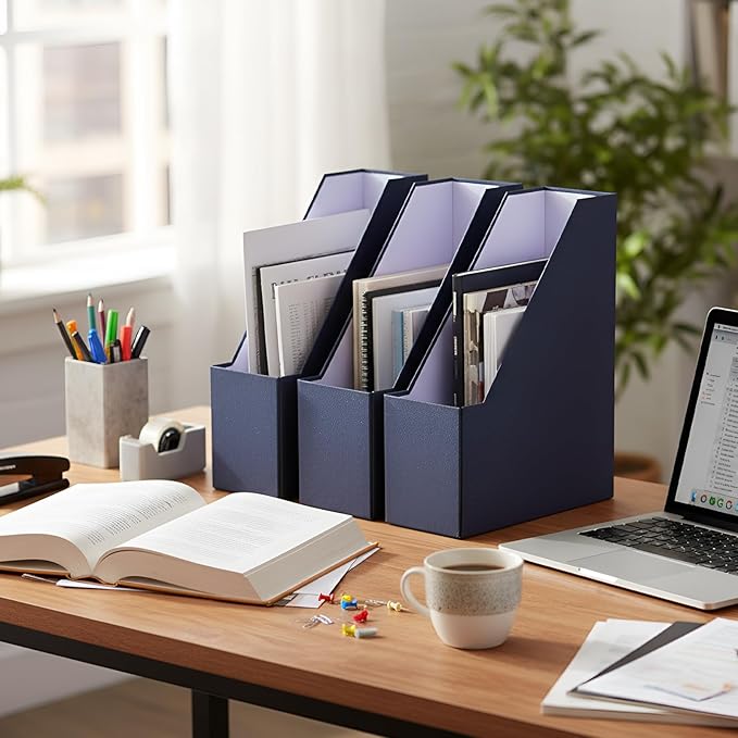 Gueevin Set of 6 Magazine File Holders, Sturdy Cardboard Desk Magazine Organizer with Gold Label Slots, Foldable File Folder Rack for Home Office Classroom Library(Blue)