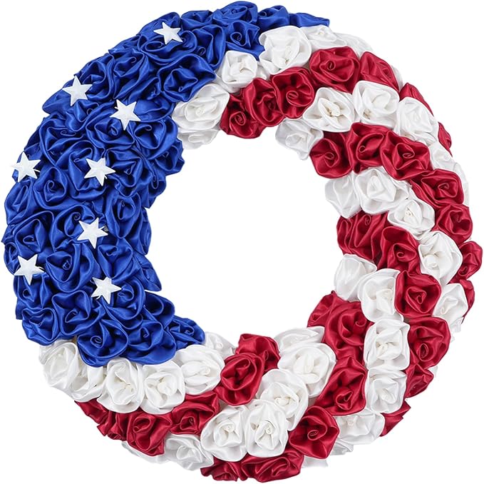 Idyllic 20 Inch Patriotic Wreath for Front Door, 4th of July Wreath with Red White Blue Silk Roses & Metal Stars, Memorial Day Day Decorations for Home Wall Porch Window