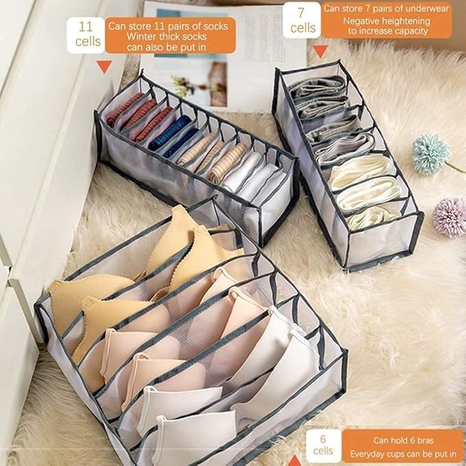 3 Set Underwear Organizer, Foldable Bra Underwear Drawer Organizer Divider Bins for Underwear, Socks, Ties, Bras, Underwear Storage Compartment Box (Gray)