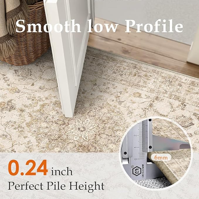 3x5 Beige Area Rug Washable Entryway Vintage Carpet Office Distressed Small Non Slip Low Pile Thin Kitchen Bathroom Medallion Accent Throw Rug Entrance Bedroom Office Living Room Laundry