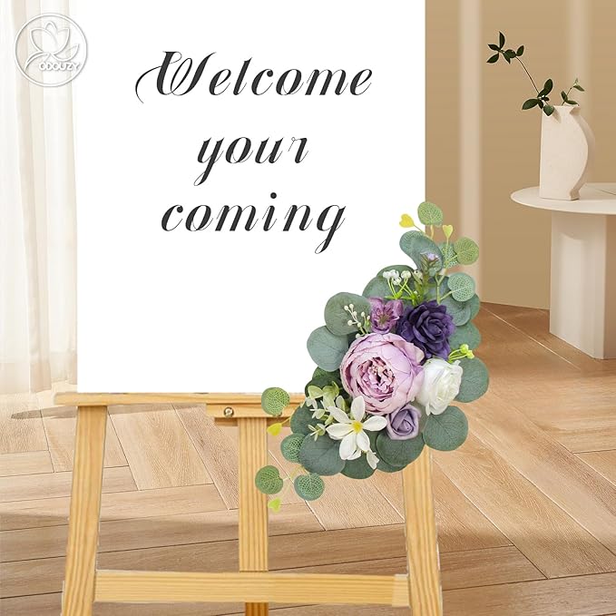 Odouzy Artificial Wedding Arch Flowers for Wedding Sign,Set of 2 for Wedding Welcome Ceremony Sign,Faux Floral Swags,Wedding, Banquet and Reception Backdrop Floral Decoration (Purple)