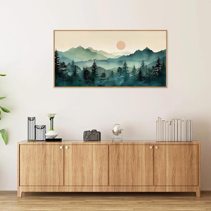 SIGNINART Large Boho Mountain Framed Canvas Wall Art, Nature Pine Tree Wall Painting, Abstract Foggy Forest Wall Decor, Modern Sunrise Art Prints for Bedroom Living Room and Office 20"x40"