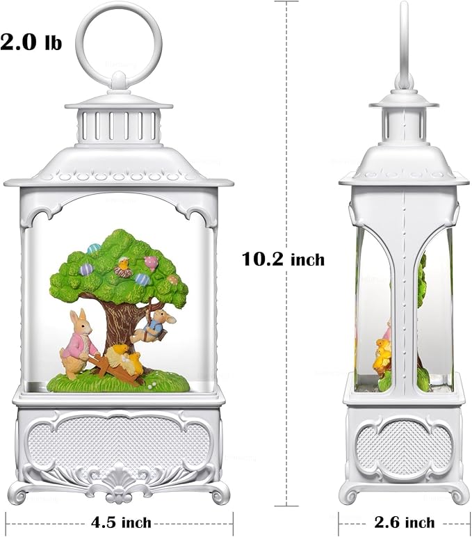 Easter Snow Globe Lantern Bunny Tree with Timer, USB and Battery Powered, Easter Decorations for Home Bunny Eggs Tree Chicken