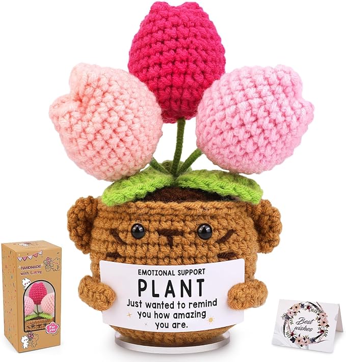 Handmade Positive Tulip Crochet with Card, Inspirational Gifts for Mother's Day Coworkers Teachers Women Men Friend Daughter, Emotional Support Crochet Appreciation Gifts for Mom Birthday