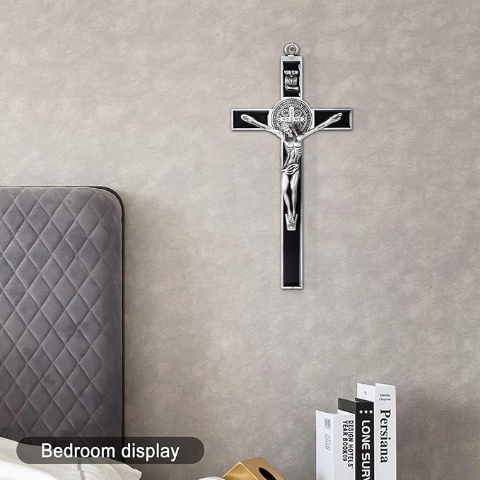 Wellcho Black Enamel Crucifix Wall Cross -Saint Benedict Metal Wall Art-7 Inch Cross Give Blessing and The Spiritual Sacred:Faith Gift for your Acquaintances