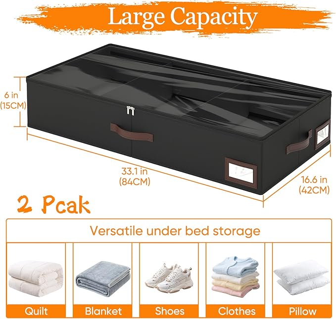 OIAHOMY 2 Pack Under Bed Storage, 6 Inch High Under Bed Storage Containers with Adjustable Dividers, Dual Zippers, &Clear Lid, 53L Under Bed Drawers For Clothes, Blankets, Clothing, & Shoes, Black