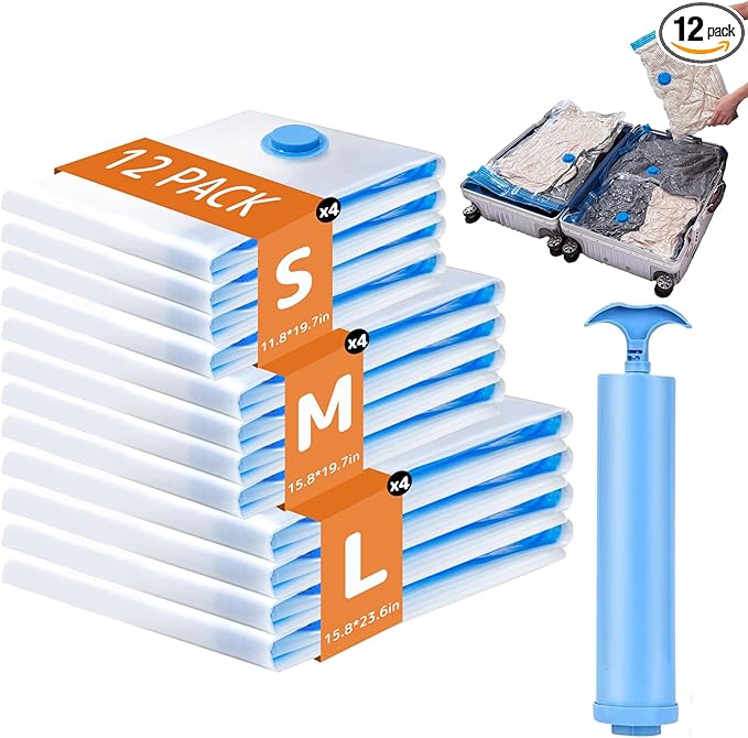 12 Pack Travel Vacuum Storage Bags with Hand Pump, Space Saver for Clothing Travel and Clothes, Vacuum Packing Seal for Luggage and Suitcase