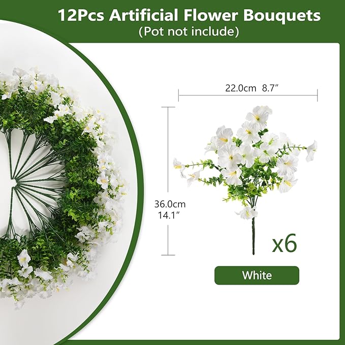 INQCMY Artificial Fake Plants Flowers for Outdoor Spring Decoration,12 Bundles Faux Silk Morning Glory Flowers for Outside UV Resistant Realistic Fake Plants for Planter Porch Patio Balcony Yard Decor