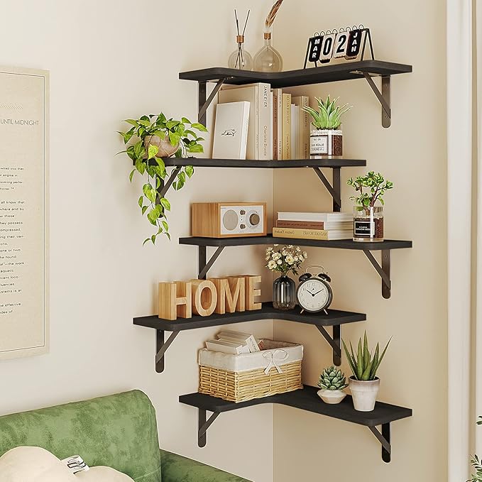 Fixwal Corner Shelves Wall Mounted Set of 5, Floating Shelves for Wall Bathroom, Kitchen, Bedroom, Home Decor, Laundry Room, Living Room (Black)