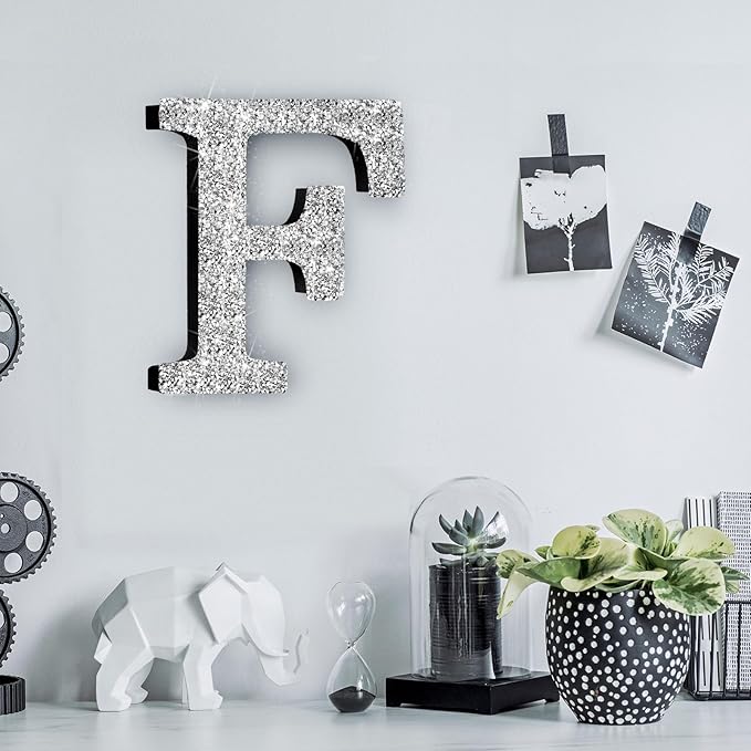 Qunclay 5.7" Silver Crystal Diamond Bling Letters Crushed Diamond Decoration Wooden Glitter Letter with Screw and Hooks Rhinestone Gift for Wedding Y2k Mcbling Bedroom Wall Decor (Letter F)