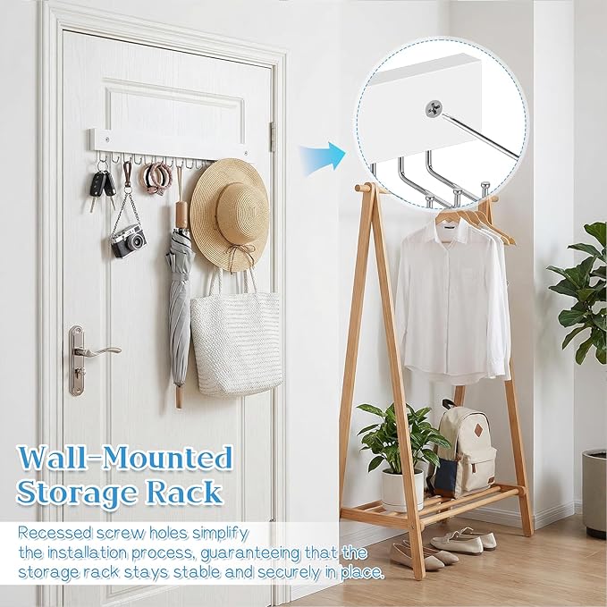 2 Pcs Tie Rack Wall Mounted, Wooden Tie Belt Organizer with 20 Hooks Non Slip 180 Degree Space Saving Hangers with Screws for Ties, Keys, Scarves, Tops, Belt, Bags (White)
