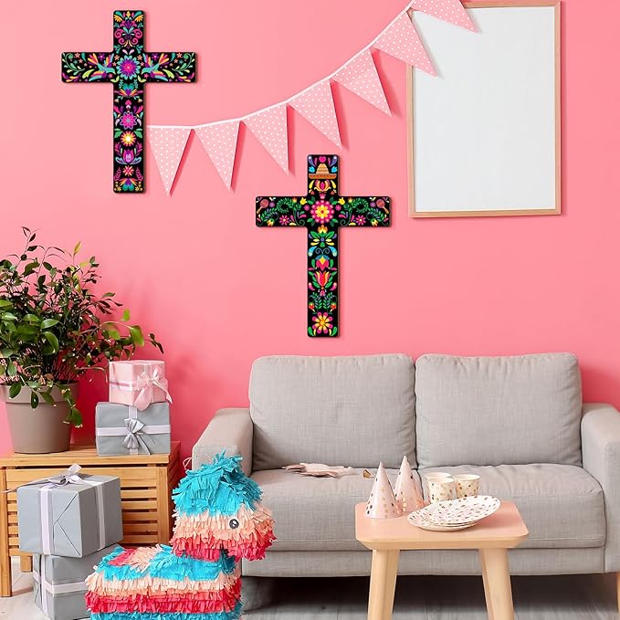 Pinkunn 2 Pcs Mexican Cross Wall Decor Floral Day of The Dead Decoration Hand Painted Wood Wall Art Dia De Los Muertos Altar Decorations Spanish Cross Decor for Home(Flower)