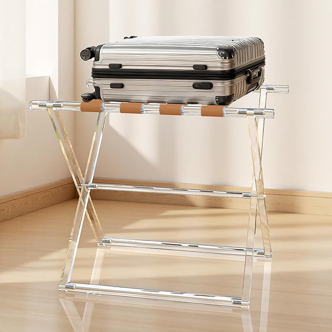 Acrylic Luggage Rack for Guest Room,Folding Luggage Rack with Leather Straps,Holds up to 120 lbs Suitcase Stand for Bedroom, Living Room and Hotel (Brown Leather)