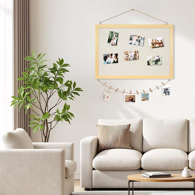 DOLLAR BOSS Bulletin Board with Linen 36'' x 24'' Wood Framed Cork Boards for Walls, Photo Display Pin Board, Decorative Corkboard for Office Home School Dorm Decor with 10 Pushpins, Natural Wood
