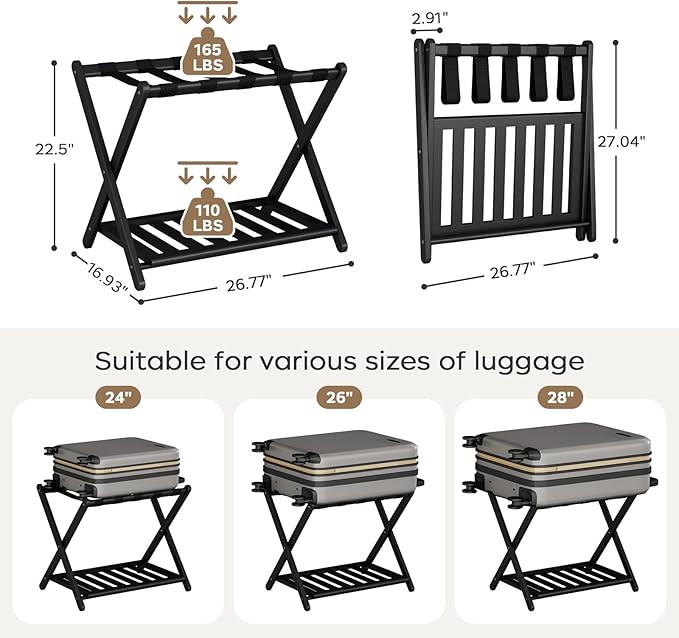 2 Pack Fully Assembled Black Luggage Racks, Bamboo 26.77" Folding Suitcase Stand for Guest Room with 5 Nylon Straps, Heavy Duty, Upgraded Luggage Rack Holder with Shelf for Bedroom Hotel