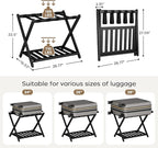 2 Pack Fully Assembled Black Luggage Racks, Bamboo 26.77" Folding Suitcase Stand for Guest Room with 5 Nylon Straps, Heavy Duty, Upgraded Luggage Rack Holder with Shelf for Bedroom Hotel