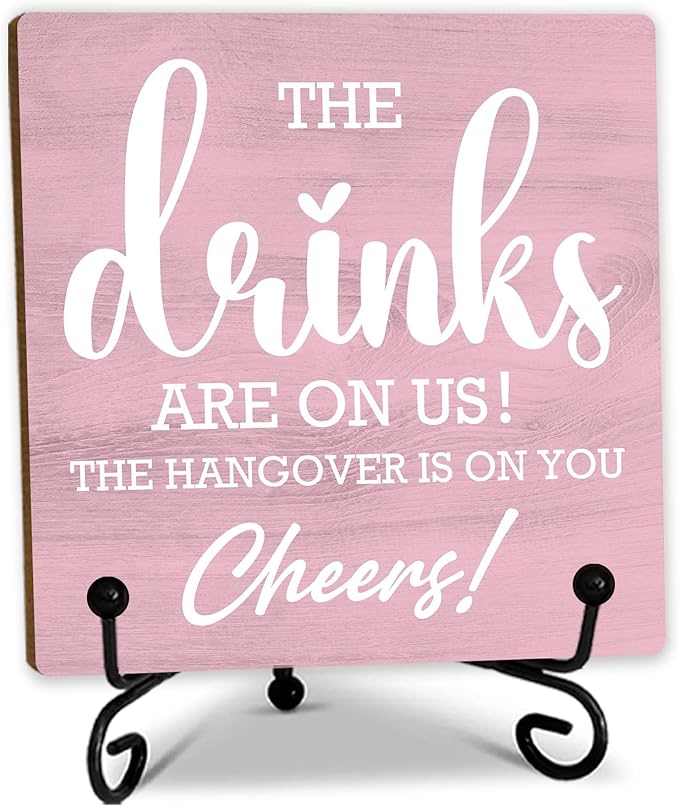 Pink Bar Signs For Home Bar Decorations For Home 5 Inches Bar Sign With Iron Support, The Drinks Are On Us! The Hangover Is On You! Bars And Pubs Decor, Bar Accessories(Pink) - D03