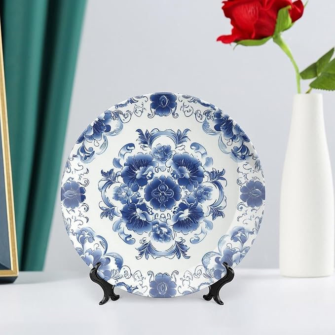Blue and White Pottery Ceramic Decorative Plate, Chinese Style Decorative Dish with Stand, Floral Design Bone China Decorative Plates Art Porcelain Plate for Living Room Hallway Table Decor
