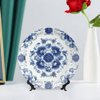 Blue and White Pottery Ceramic Decorative Plate, Chinese Style Decorative Dish with Stand, Floral Design Bone China Decorative Plates Art Porcelain Plate for Living Room Hallway Table Decor