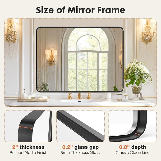 Sweetcrispy Bathroom Mirror 36x24 Inch Black Metal Framed Rounded Rectangle Vanity Mirrors for Wall, Over Sink, Farmhouse, Restroom, Anti-Rust, Modern Decorative, Horizontal or Vertical Hanging