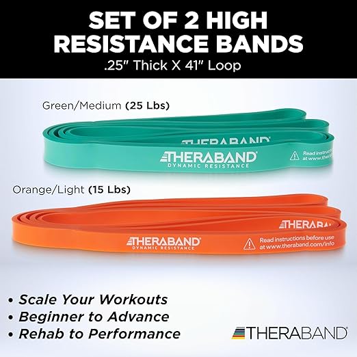 THERABAND High Resistance Bands, Set of 2 Elastic Super Bands for Improving Flexibility, Injury Rehab, & Full Body Workouts, Heavy Duty Stretch Bands for Lifting, 1 Light & 1 Medium Band