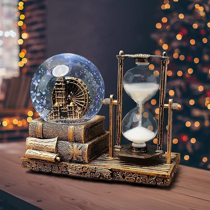 LED MusicCrystal Snow Globe， Sand Timer ，Hourglass,Home Decor,Table Decor for Living Room ，Office Desk Decorations[Brass Ferris Wheel]